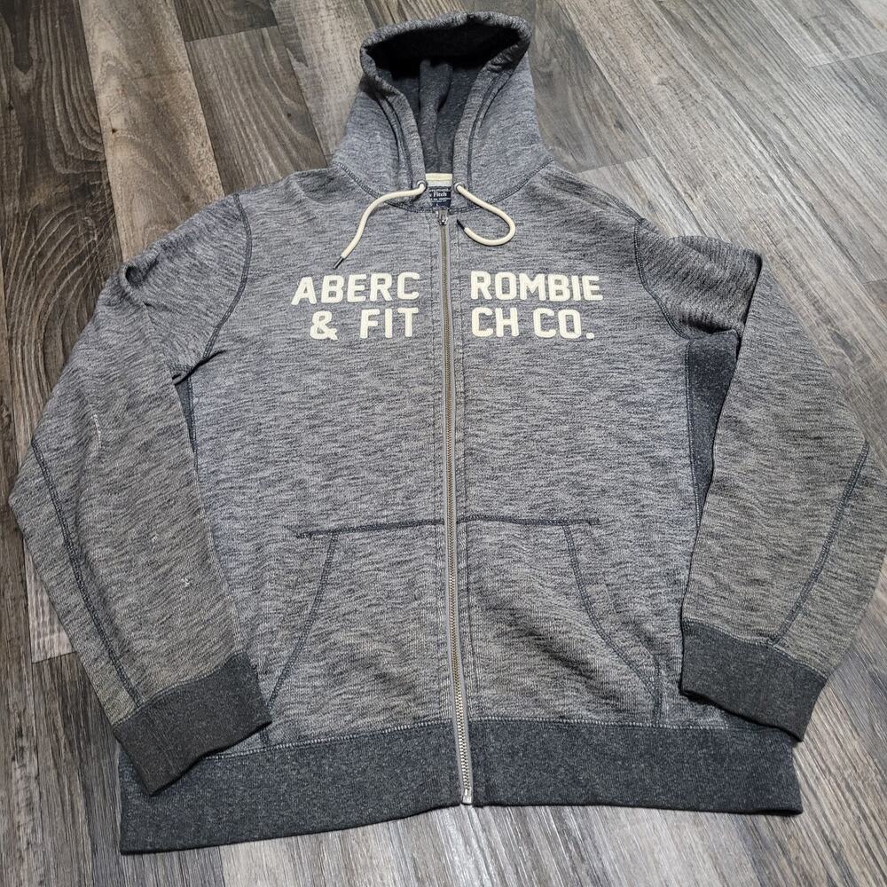 ABERCROMBIE & FITCH Hoodie Mens L Gray Graphic Full Zip Fleece Sweatshirt Active